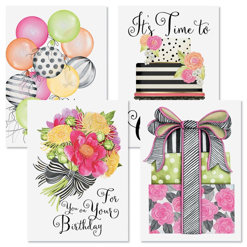 Current Striped Celebration Birthday Cards - Set of 8 (4 designs), Large 5" x 7" Birthday Cards, Sentiments Inside, Envelopes Included - Image 1